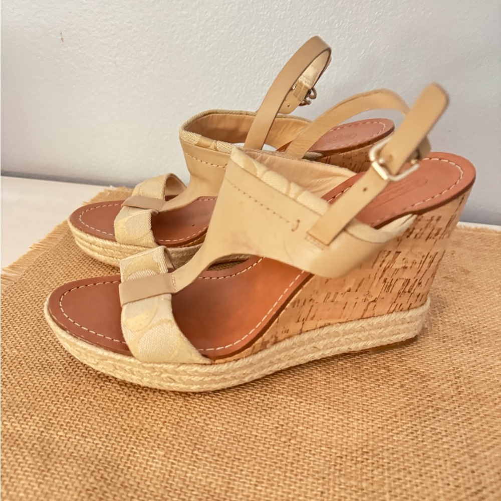 Coach Beige Cork Wedge Espadrille Sandals